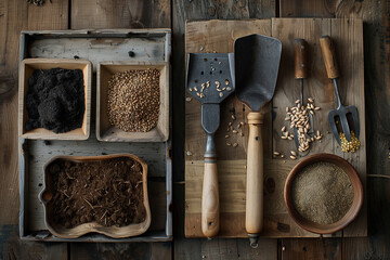 elegant shot featuring a curated selection of gardening tools, seeds, and soil on a wooden table, set against a minimalistic wooden backdrop, highlighting the organic and natural e