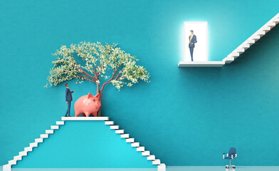 Businessman introducing a new startup idea to investors. Money pig  symbol of startup idea in financial services. Business environment concept with stairs and open door. 3D rendering
