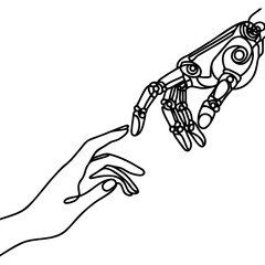 Naklejka premium drawn by one continuous line of human and robot hands touching, fusion of artificial intelligence and humanity.