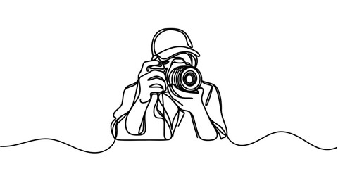 Continuous line drawing of professional man photographer take picture use camera. One line art concept of photography. Vector illustration.