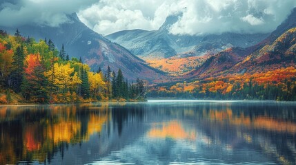 Serene lake reflecting the vibrant colors of the surrounding foliage, framed by majestic mountains.