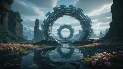 Obraz premium Futuristic arch among mountains and nature