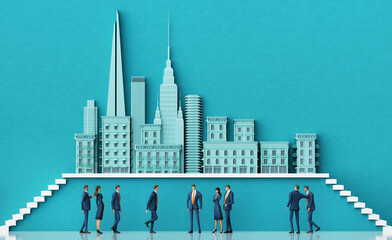 Business people and ladder of success in the City, concept 3D illustration with beautiful city icons and cipy space for text - 790761947