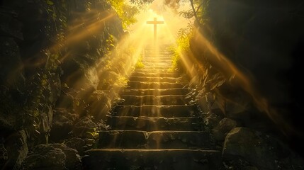 Stairway to heaven in a spiritual concept, leading to the Christian cross in a heavenly concept. Religion background. Paradise stairway in a spiritual concept. Spiritual fantasy's stairway to the ligh