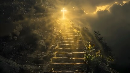 Stairway to heaven in a spiritual concept, leading to the Christian cross in a heavenly concept. Religion background. Paradise stairway in a spiritual concept. Spiritual fantasy's stairway to the ligh