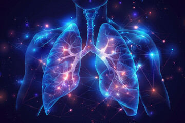 An illustration of the human respiratory system with glowing stars. - obrazy, fototapety, plakaty