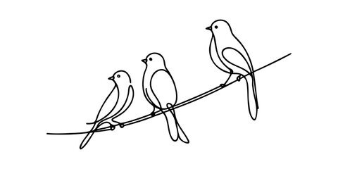 Abstract birds on branches continuous one line drawing. Birds on branch background in black and white, modern vector illustration. © dariachekman