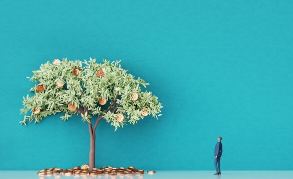 Successful businessman looking at money tree, background with copy space