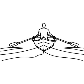 recommend clip art: Man sailing on a boat kayaking one line sketch on white background.
