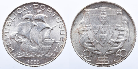 Portuguese silver coin of 2$50 from 1933
