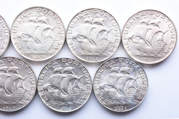 set of coins from the Republic of Portugal in silver valued at 2$50. On the face a caravel and the year of issue. coin collection