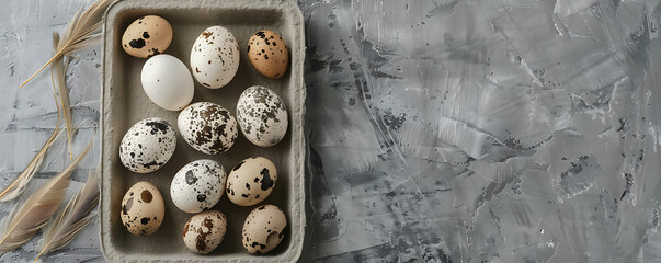 Quail Eggs in a Plastic tray feathers gray stone background with copy space for text