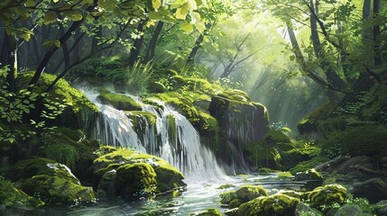 Serene waterfall gently trickling down moss-covered rocks, creating a soothing ambiance in the forest. - obrazy, fototapety, plakaty