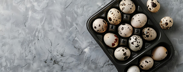 Quail Eggs in a Plastic tray feathers gray stone background with copy space for text. generative ai