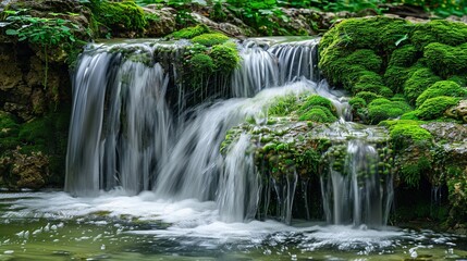 Serene waterfall gently trickling down moss-covered rocks, creating a soothing ambiance in the forest.