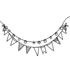 Continuous line art drawing buntings garland. Celebration party hand drawn flags. Vector linear illustration isolated on white