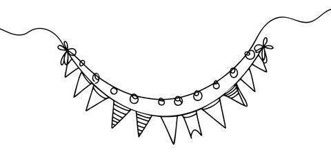Continuous line art drawing buntings garland. Celebration party hand drawn flags. Vector linear illustration isolated on white