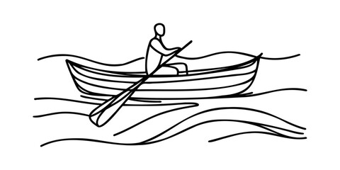 Man sailing on a boat kayaking one line sketch on white background.