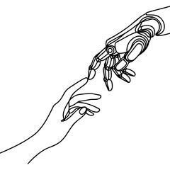 drawn by one continuous line of human and robot hands touching, fusion of artificial intelligence and humanity.