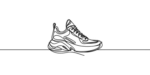 Vector illustration of sneakers sports shoes in a continuous one line isolated white background.