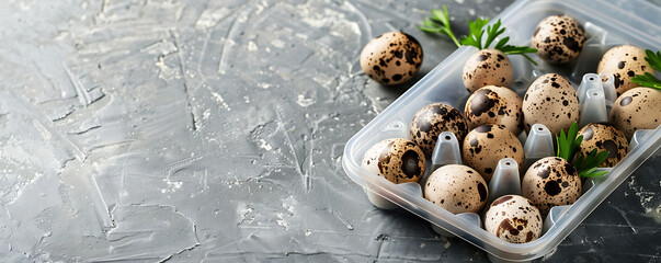 Quail Eggs in a Plastic tray feathers gray stone background with copy space for text. generative ai - obrazy, fototapety, plakaty