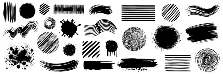 Big collection of black paint, ink brush strokes, brushes, lines, grungy. Dirty artistic design elements, boxes, frames. Vector illustration. Isolated on white background. Freehand drawing
