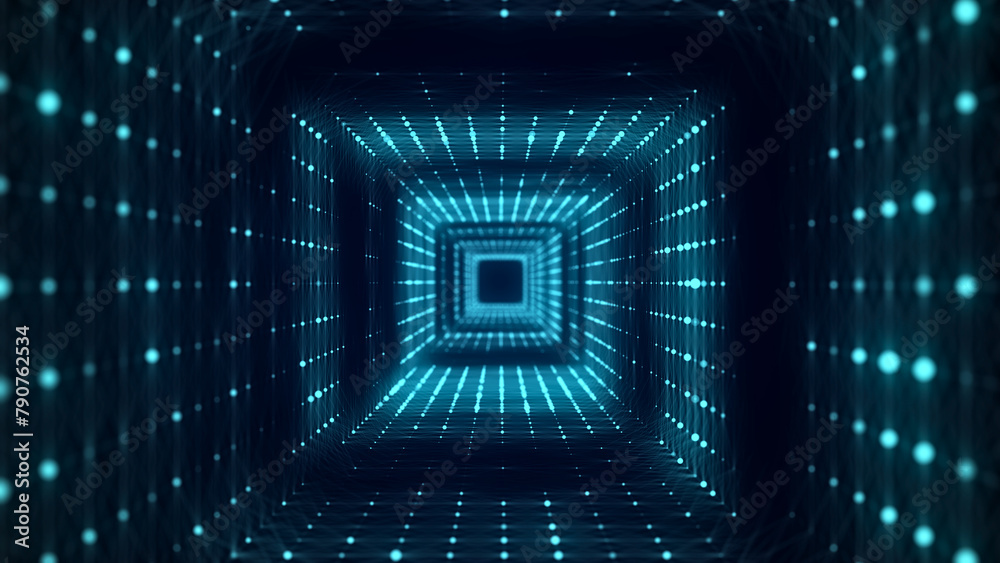Aufkleber Abstract 3d twisted portal. Square tunnel or wormhole. Digital background with connected green dots. 3d rendering.