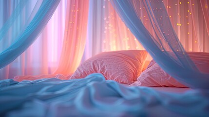 Up-close shot of a whimsical canopy or tent over the bed, creating a magical and dreamy ambiance - obrazy, fototapety, plakaty