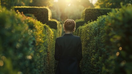 Fototapeta premium Focused Businesswoman Navigating Green Hedge Maze at Sunrise