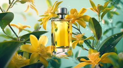 An blank rectangular perfume bottle floats surrounded by yellow ylang-ylang flowers. very detailed,take product photos and advertisements