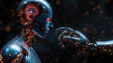 Robot and human hand. Conceptual image of artificial intelligence. 3d rendering
