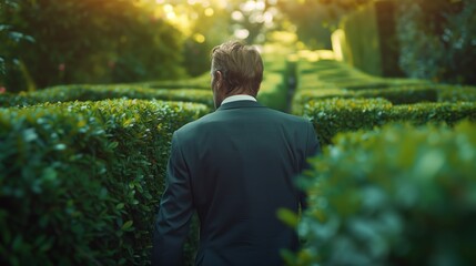 Determined Businessman Navigating Hedge Maze at Sunrise