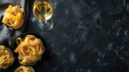 Top view of wine glass and pasta tagliatelle on black background Mediterranean lunch that is delectable - obrazy, fototapety, plakaty