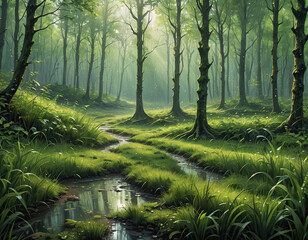 Forest clearing in light transparent green tones, flowing stream