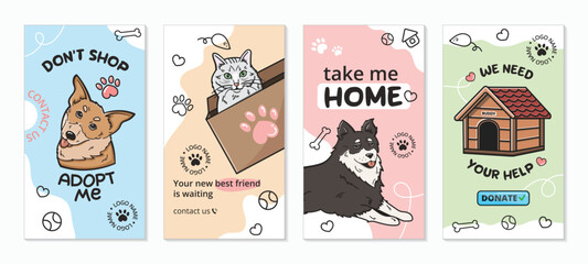 A set of cute templates for a social media stories on the topic of dogs and cats adoption. Adopt me banner , a cat in a box, a request for help. Pleasant bright colors, pet elements. 
