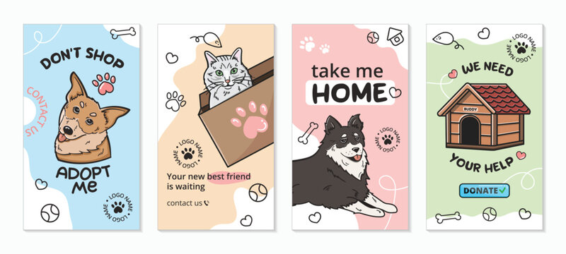 A set of cute templates for a social media stories on the topic of dogs and cats adoption. Adopt me banner , a cat in a box, a request for help. Pleasant bright colors, pet elements. 