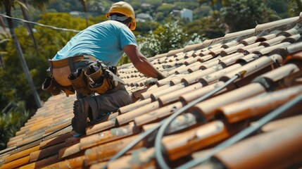 Roof tiles are being installed on the roof of a house by a construction worker - obrazy, fototapety, plakaty