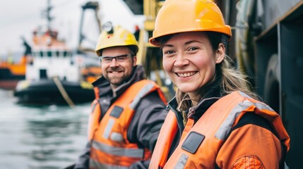 Smiling male and female engineer looking at camera on boat in harbor by tug boat in harbor