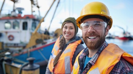 Engineers looking at camera on tug boat on boat in harbor with smiles