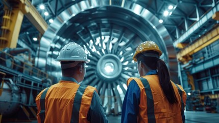 Obraz premium Engineers looking at a large turbine with a wide angle lens and realistic lighting