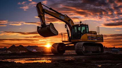 The shadows of construction equipment create a dramatic contrast against the evening sky.