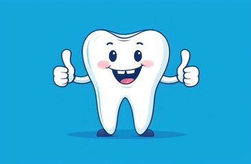 pediatric dentistry, stomatology. funny cartoon character of white tooth showing thumbs up sign.