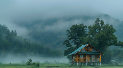 Fototapeta na wymiar A tiny house, with misty mountains as the background, during a mystical foggy morning
