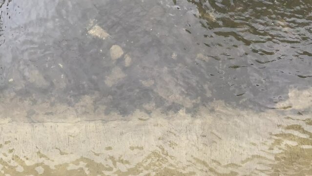 Top view or flat lay view of shallow water flow on grey paved background, flood on the street