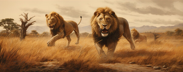 Wild lions running fast. - obrazy, fototapety, plakaty