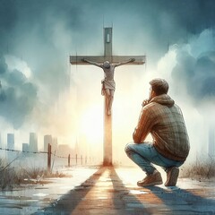 Young man kneeling and praying at the cross. Digital watercolor painting