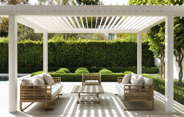 A large outdoor patio with white rattan furniture and a modern design. - obrazy, fototapety, plakaty