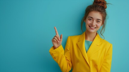 copy space, isolated background, Happy woman pointing to side. showing something