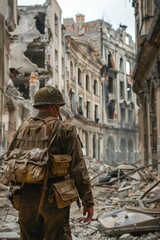 Soldier Walking Through Destroyed City Street