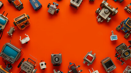 An arrangement of small, simple robotic models on a bright orange background, depicting robotics engineering